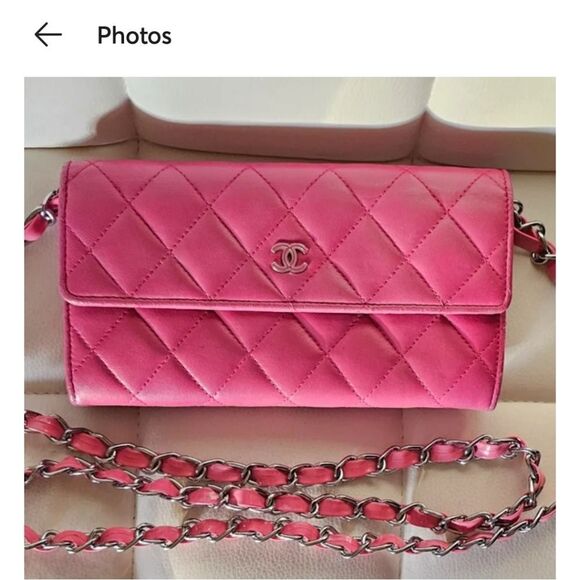 AUTHENTIC CHANEL HOT PINK QUILTED LAMBSKIN WALLET W/ UNBRANDEDCROSSBODY CHAIN